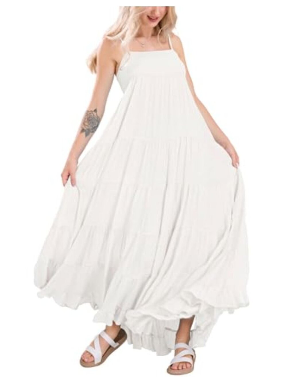 Women's Flowy Boho Spaghetti Strap Maxi Dress Smocked Back Casual Swing Beach